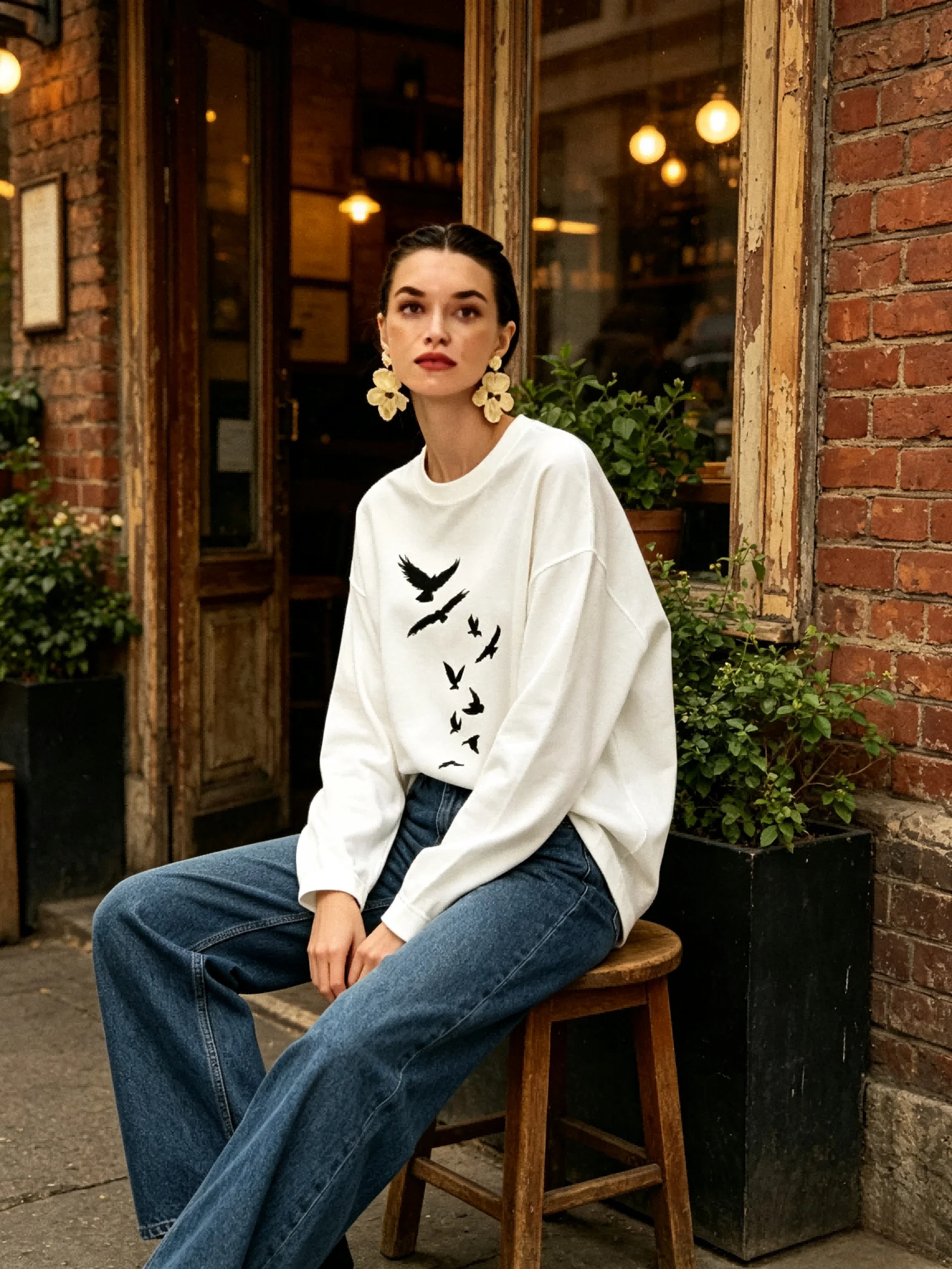 2026 New Women's Casual Long Sleeved T-shirt Round Neck Bird Silhouette Print Loose Fit Street Top Soft and Lightweight Shirt