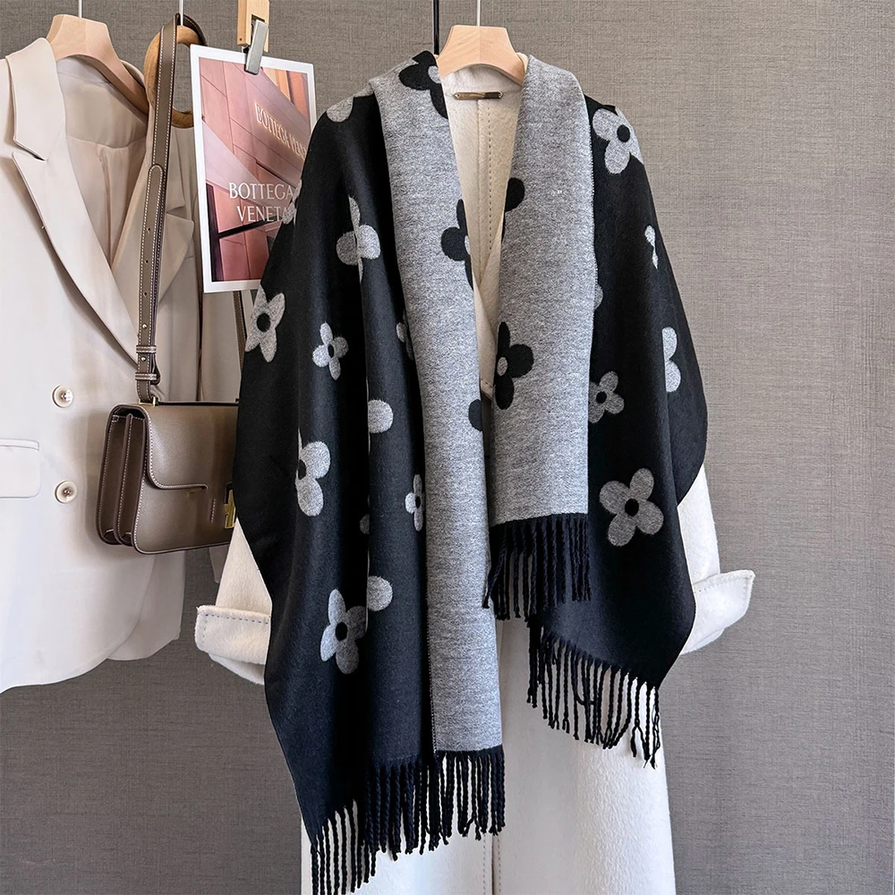 أنيقة الزهور الجاكار الصوف فو شال كشمير وشاح طويل المرأة شتاء دافئ منديل ربيع الخريف يلتف مزدوجة الجانبين