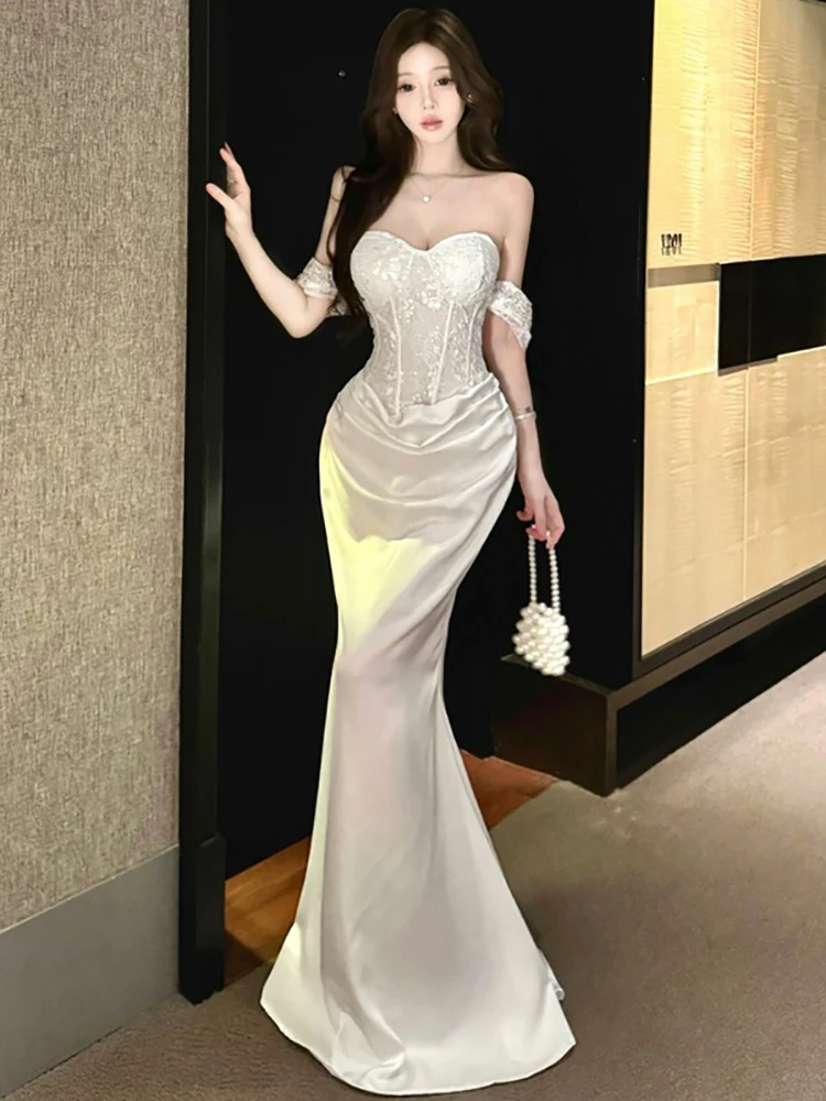 

Summer White Satin Patchwork Lace Jacquard Chest Wrapping Sexy Dress Women Luxury Bodycon Dress Gown 2025 Korean Elegant Dresses