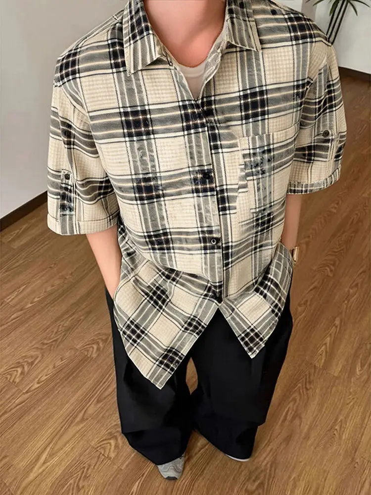 

Summer 2025 Men's Casual Plaid irt Tie-Dye Seven-Sve Collar Cotton 00% Loose Fit Versatile Retro Couple Top