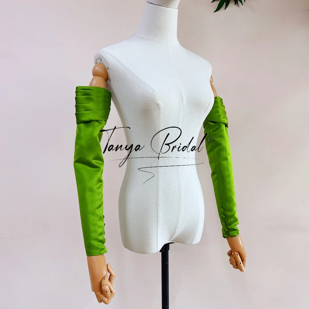 Sage Green Detachable Draped Bridal Sleeves Slim Fit Elegant Satin  Brides Accessory with Buttons