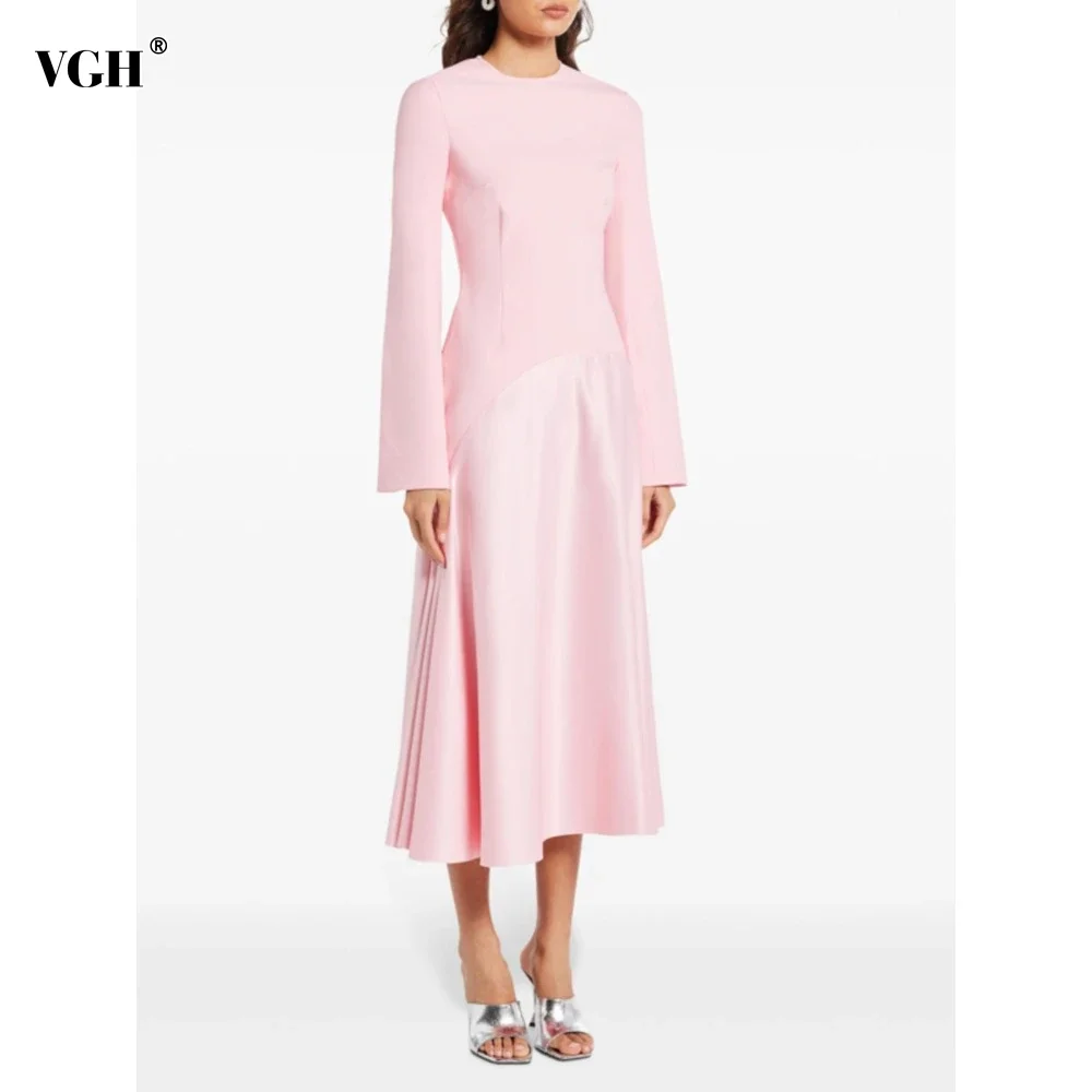 VGH Elegant Minimilist Solid Folds Dresses for Women Round Neck Long Sleeve High Waist Chic Slimming Long Dress Female Fashion