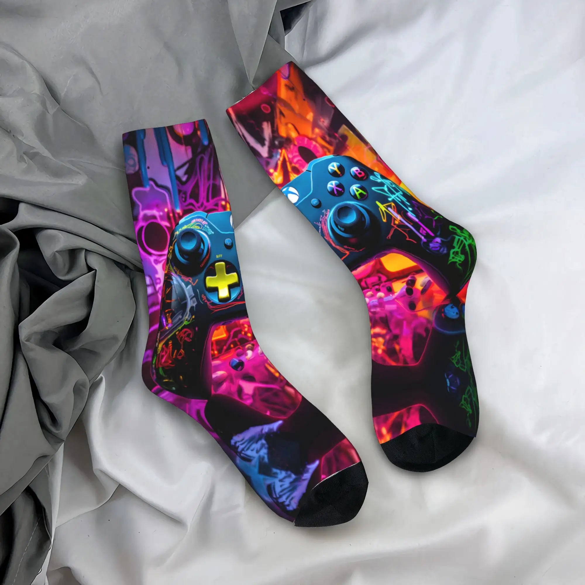 

Men Socks Gamer Controller Abstract Neon Art Stockings Anti-Slip Soft Breathable Socks Spring Kawaii Design Skateboard Socks