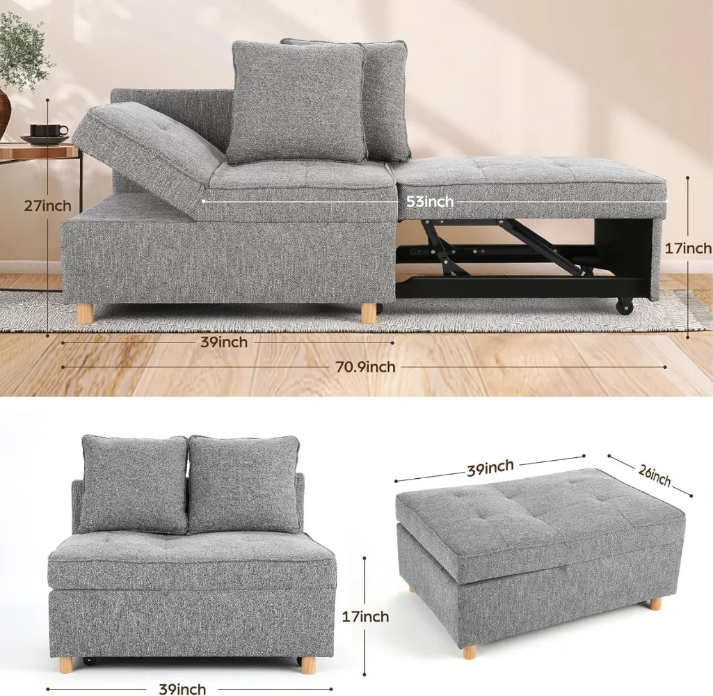 Sofa Bed, 4-in-1 Convertible Sleeper Sofa, Pull Out Couch with 3 Seater, Sofa Chair with 5 Adjustable Backrests,