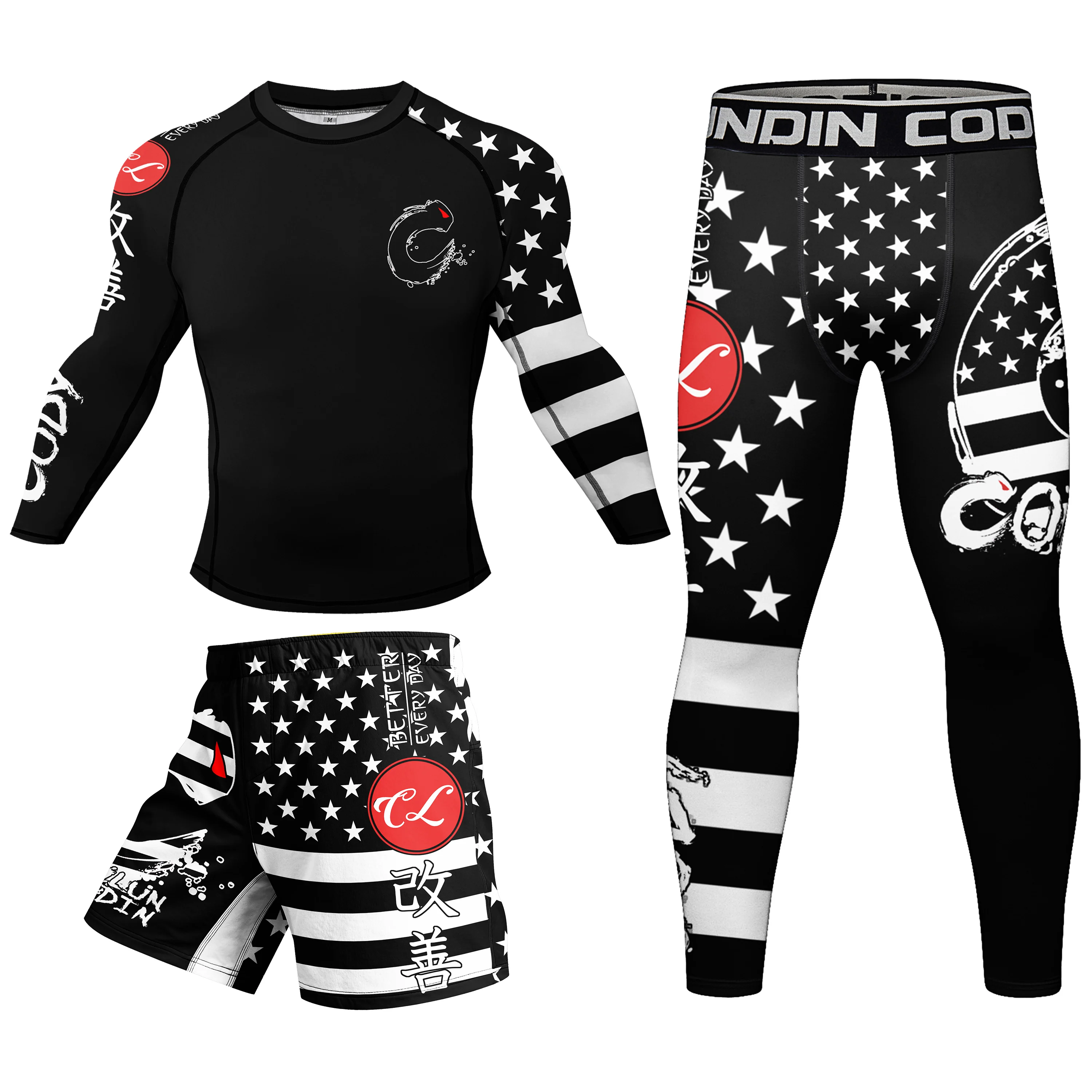 Codylundin Star Stripe BJJ Set Anti-Slip Hem Rashguard Anti-Slip Waistband Spats Shorts Long/Short Sleeve MMA Sportswear