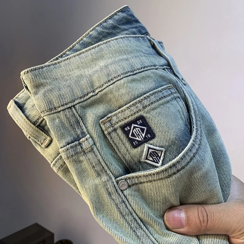 Retro American Jeans Men's Summer Light Blue Thin Micro Harem Trousers Twill Cotton Stretch Casual High-End Men's Clothing