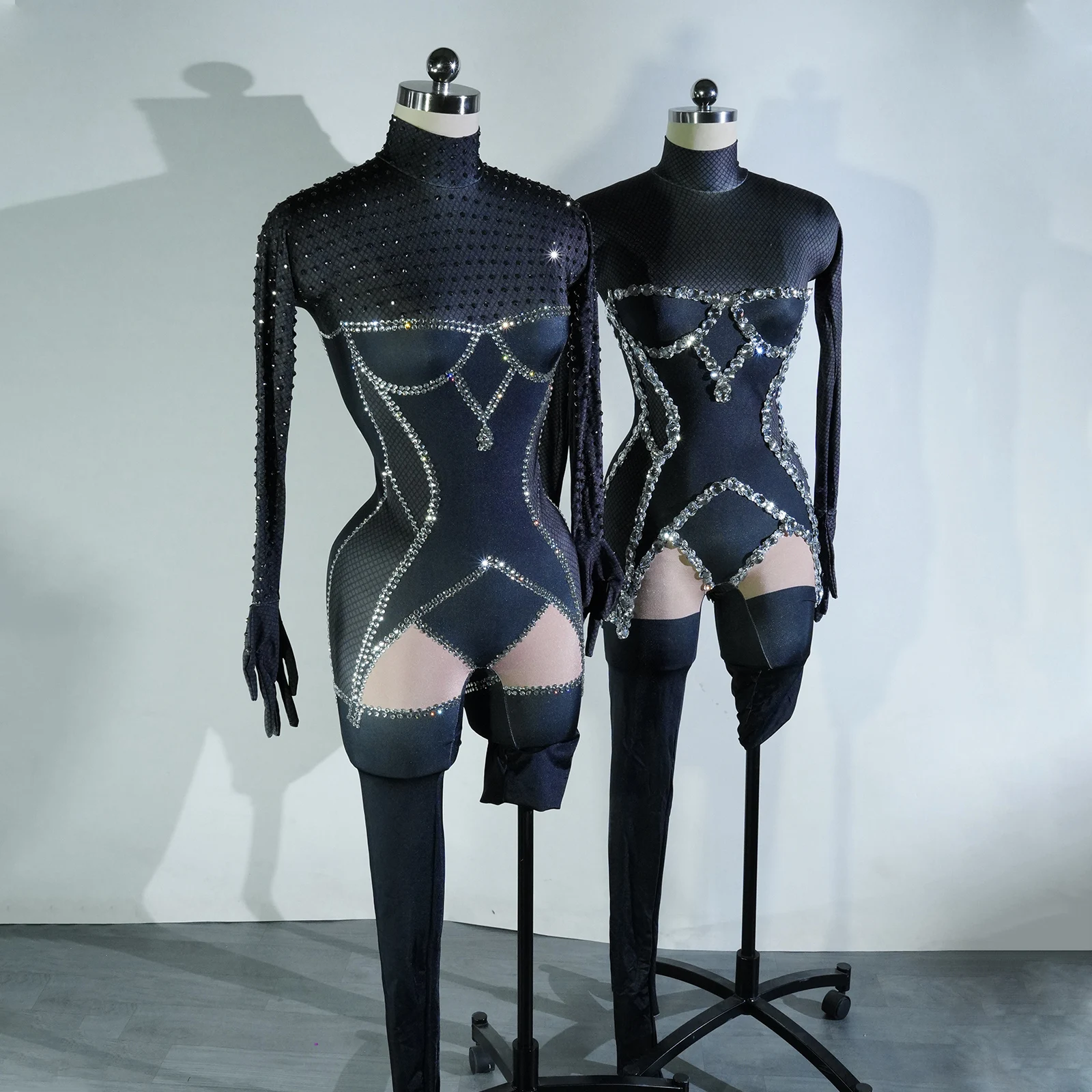 

Glitter Rhinestones long sleeve gloves Jumpsuit for Women SexyStretch Dance Bodysuit Party Singer Stage WearBirthday club show