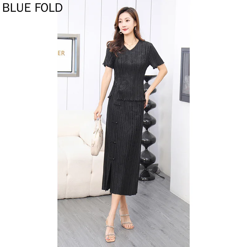 

MIYAKE New Chinese Style Dignified and Elegant Skirt Suit for Women Summer High-end Temperament Pleated Top Skirt Two-piece Set