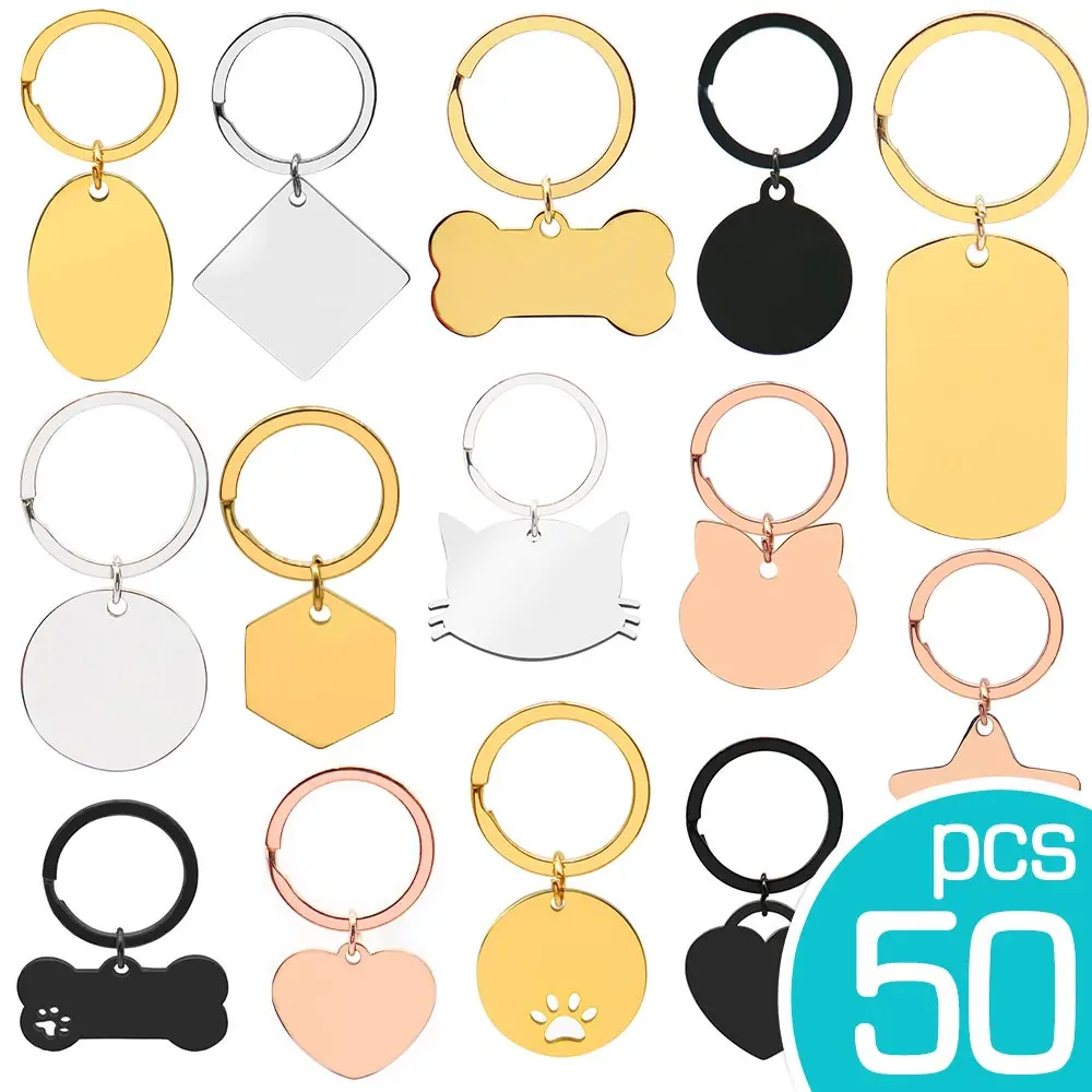 Personalized 50Pcs/Set Stainless Steel Blank Dog Tag Round Bone Pendant Keychain Custom Jewelry Making Keyring Accessories