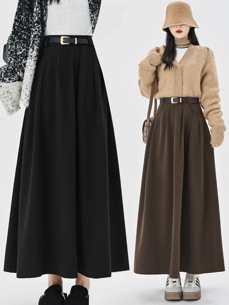 

Bla Woolen Plaid f-length Skirt Women's Winter A-line Midi Skirt High Waist Umbrella Skirt Long Skirt Commute Sle