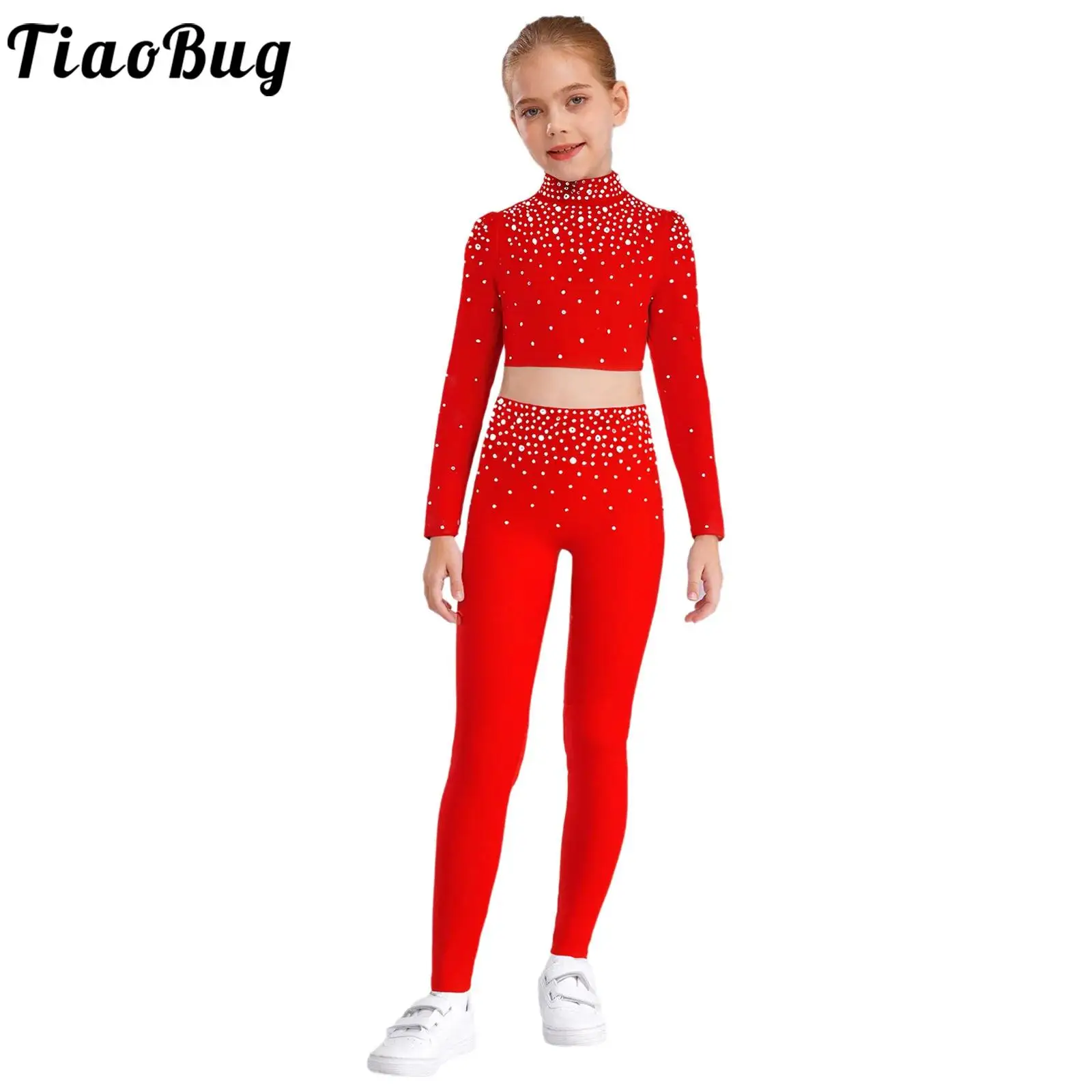 

Kids Girls Ballet Dance Sets Performance Costume Modern Dance Rhinestones Gymnastics Long Sleeve Crop Top with Leggings Pants