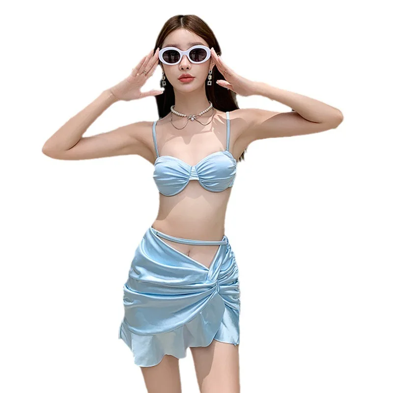 Korea 3 Piece Bikinis Sets Women  Purple Push Up Underwire Bra Ruffles Skirt Swimsuit 2024 Beach Bathing Suit Holiday Swimwear