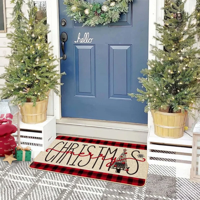 Merry Christmas doormat with red and black buffalo pattern and non slip rubber entrance pad