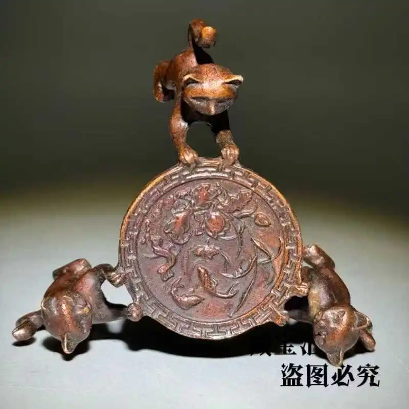 Vintage Collection Three Lucky Cats Candlestick Solid Old Bronze Teapot Lid Rest Purple Copper Old Patina Sculpture Decor