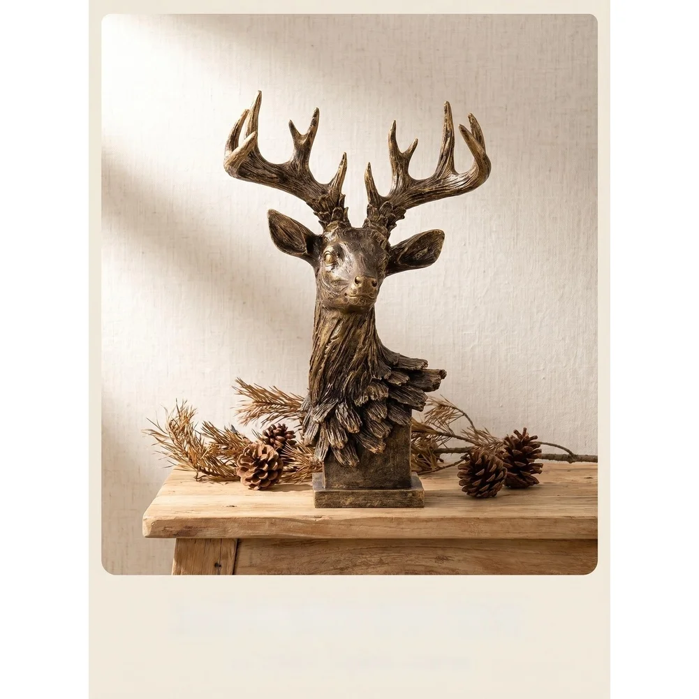 Modern Resin Deer Head Wall Hanging Decor for Living Room Entryway Bookshelf Desktop Rustic Bronze Finish Design