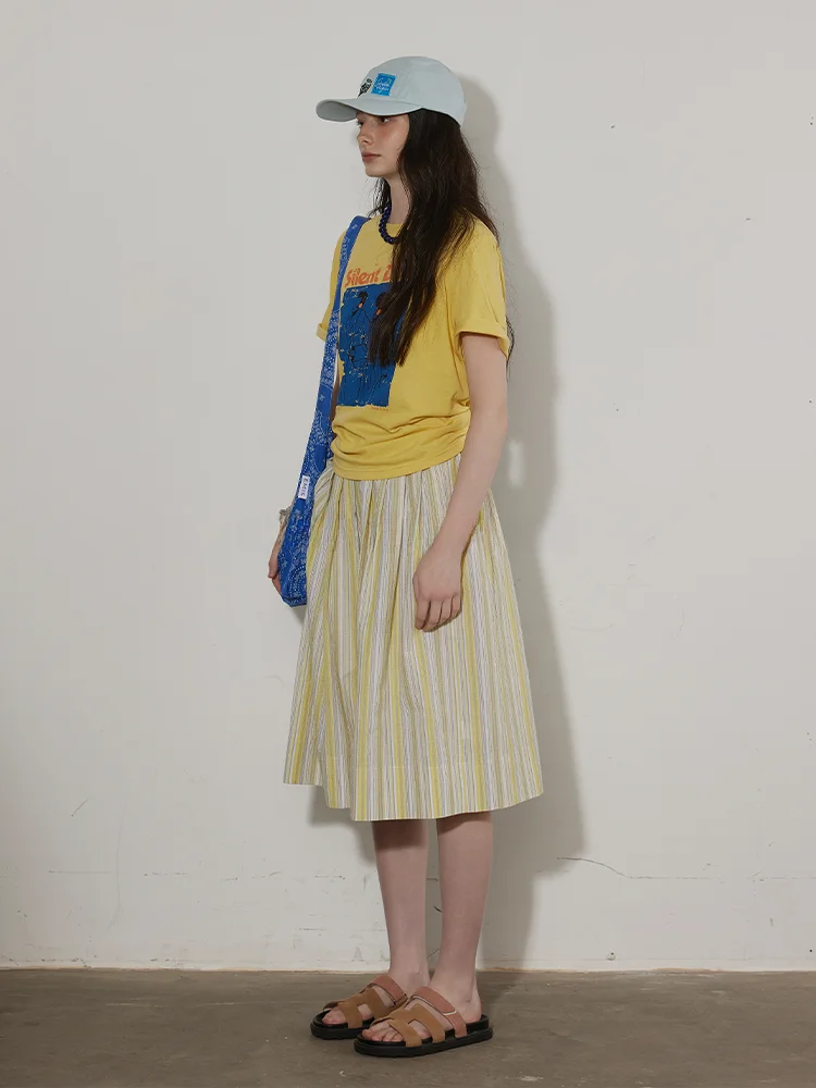 

Юбка миди Lofi с завышенной талией, А-силуэт, женская, летняя, стройнящая, в полоску, с цветовым блокированием, дизайнерская, длиной до колена