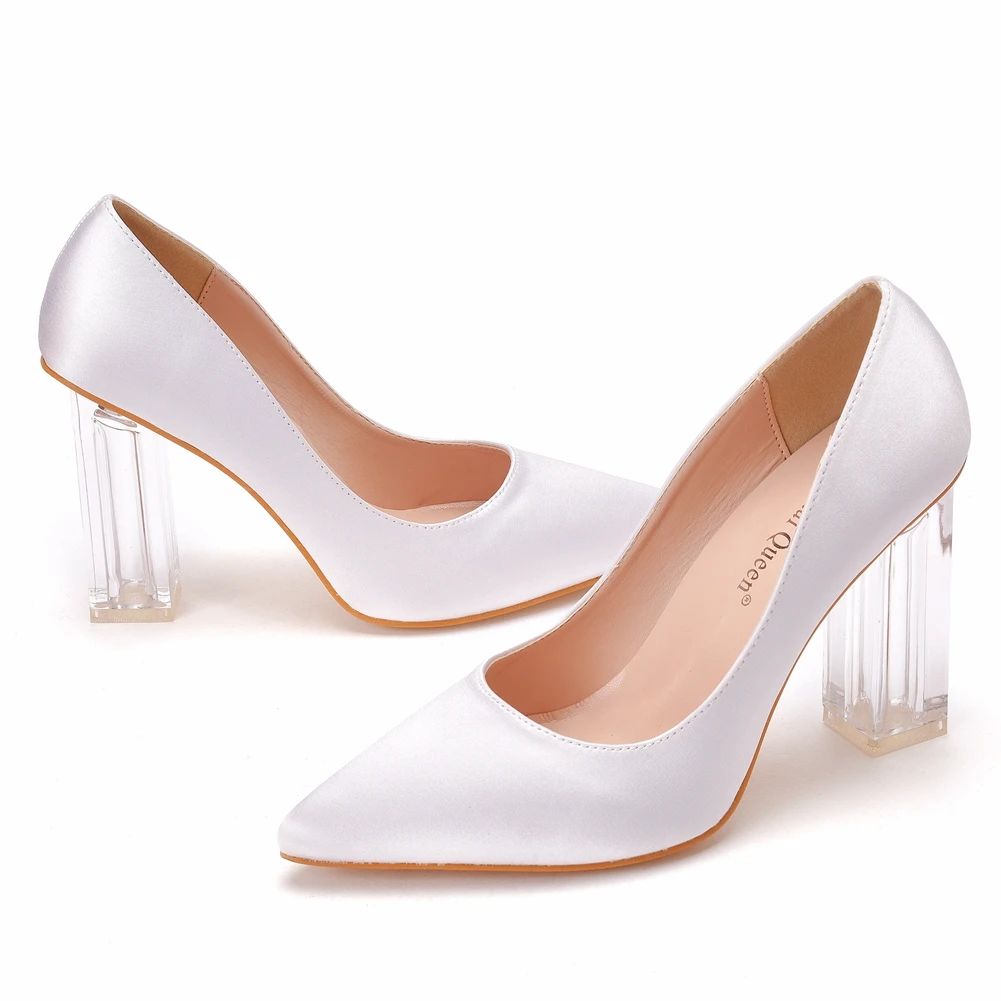 Crystal Queen Women Pumps Sexy Clear 10cm High Heels Square Transparent Shoes Ladies Summer White Black Red Blue Silk