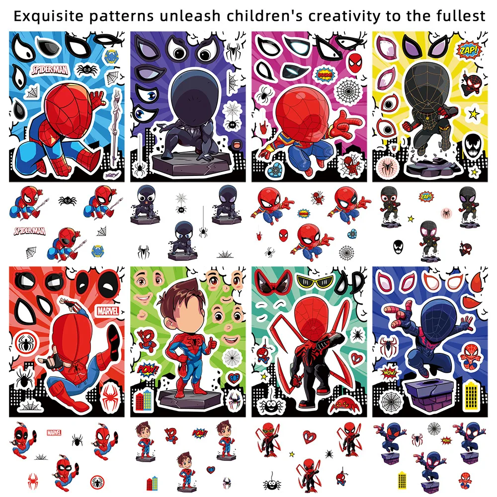 8/16 シート漫画スパイダーマン顔を作るパズルステッカーディズニーアニメクールジグソー組み立てデカール子供 DIY おもちゃパーティーゲームギフト