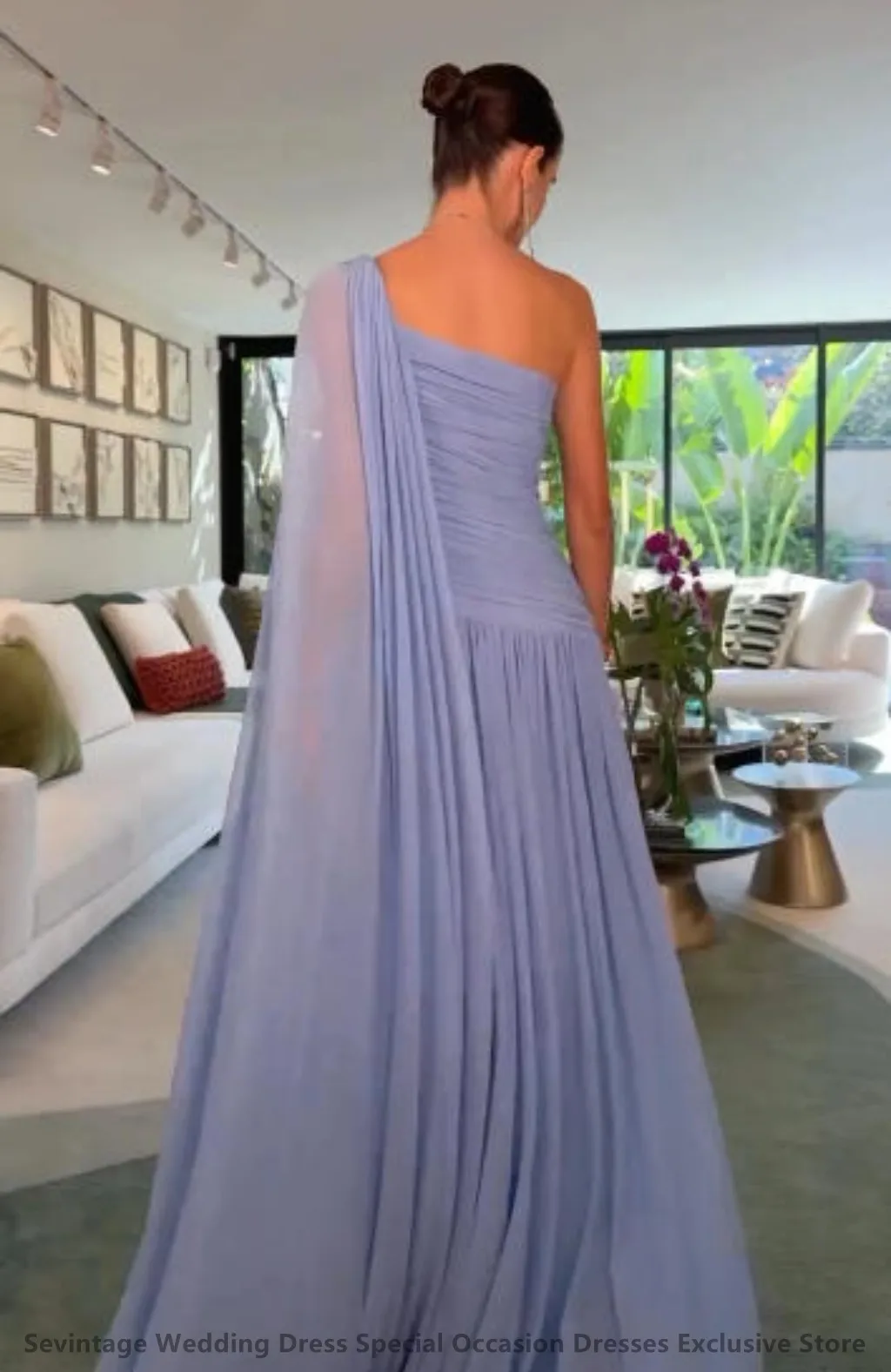 Sevintage 2025 hemelsblauwe chiffon maxi-avondjurk één schouder een lijn bruiloft formele galajurk Dubai feestjurk op maat