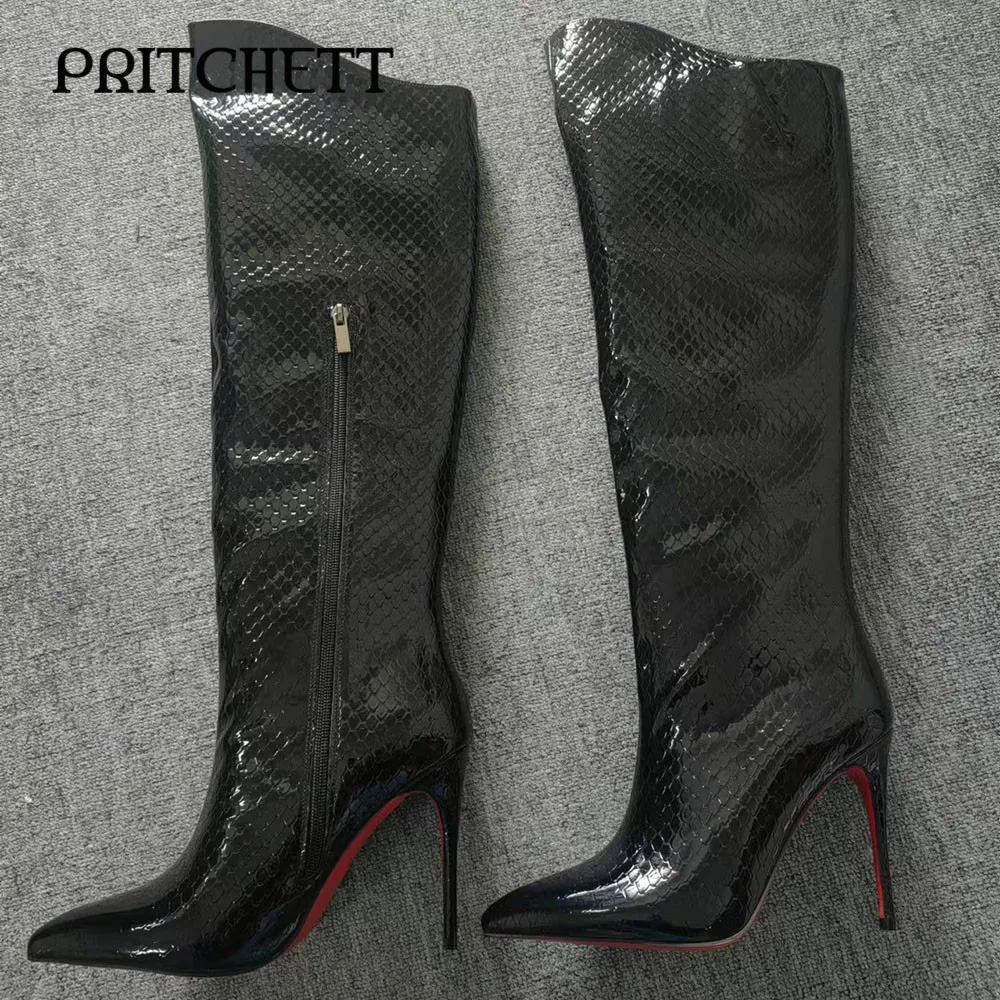 Black Scale Pattern Knee-High Boots Pointed Toe Stiletto Pull-On Sexy Long Boots Side Zipper Fashion Trend Large Size Boots