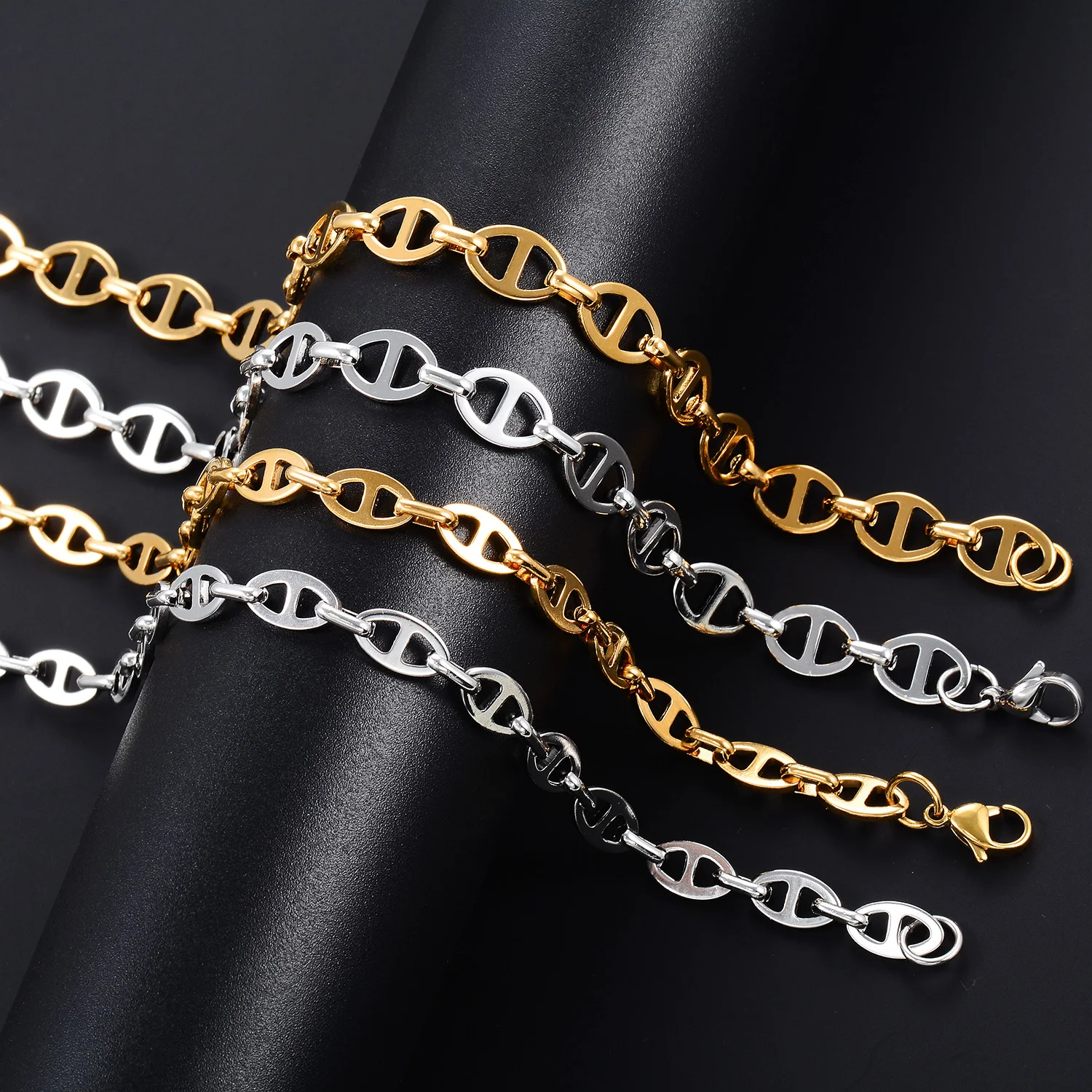 6MM 8MM Runde Edelstahlkette in Silber- und Goldfarbe, Kaffeebohnen-Halskette, Wasserdichter Hip-Hop-Choker, Metallschmuck – Detail 4