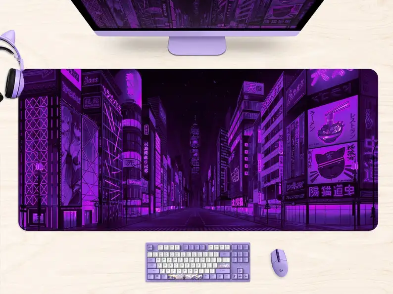 Neon Tokyo Street Scene Gaming Mouse Pad Ultra Desk Mat Japanese-Style Anime Purple Vaporwave Skyline City Theme