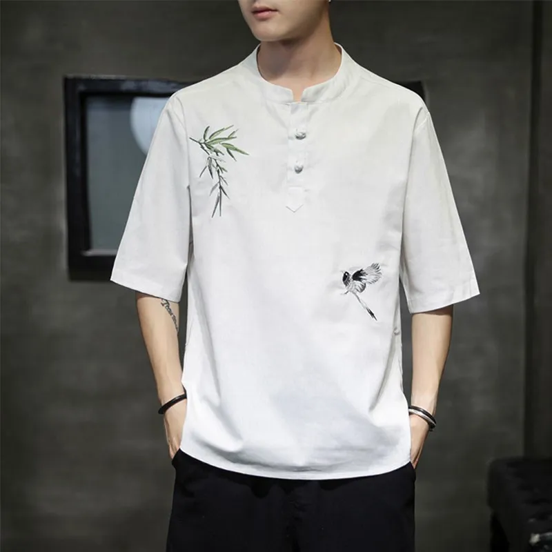 

Youth Cotton Linen ort Sve T-irt Embroidered Hanfu Sle Loose Fit Casual Wear Chinese Culture Theme Big Size Men's irt