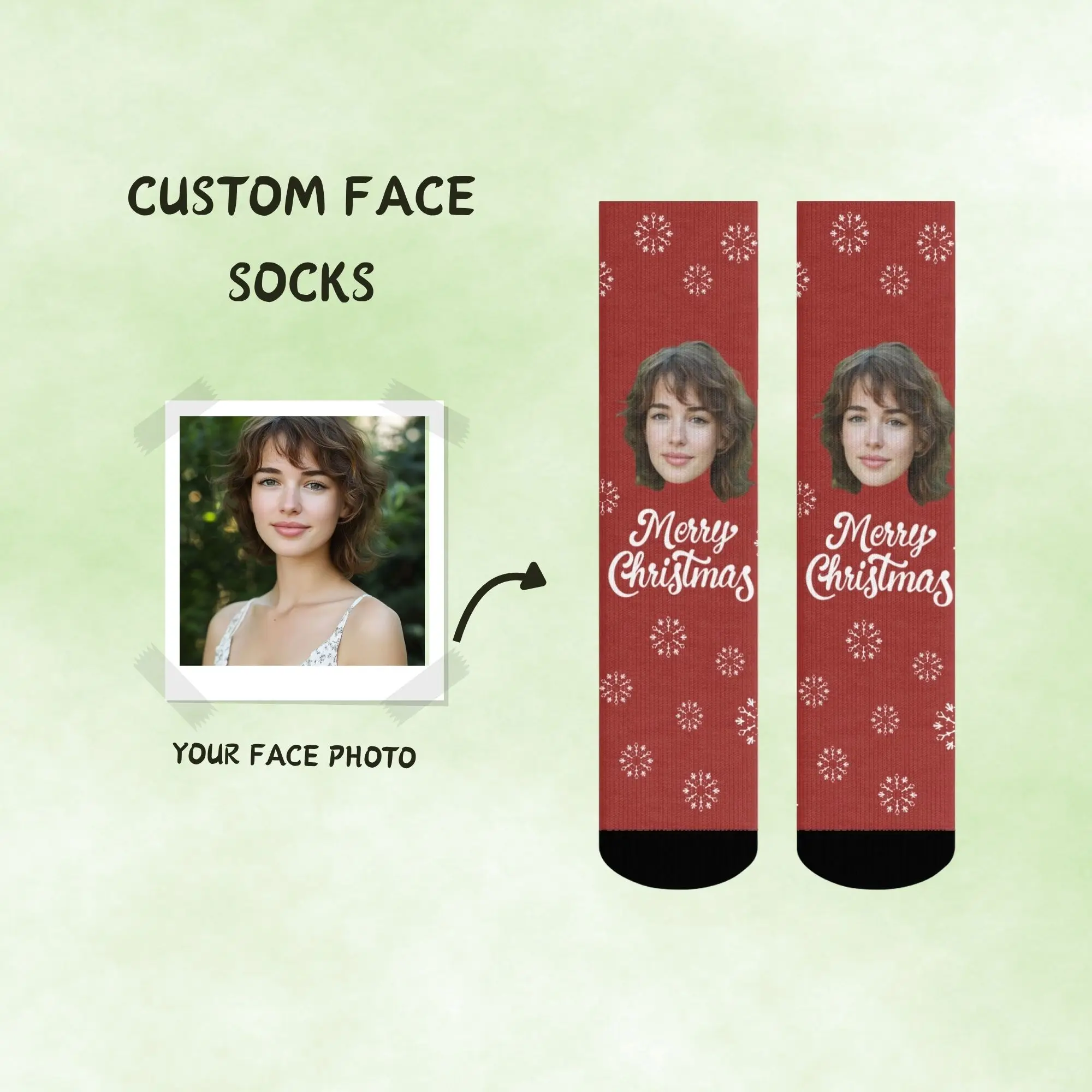 Chaussettes imprimées avec un motif de Noël joyeux et chaleureux, personnalisables avec un visage, motif Joyeux Noël pour rappeler des moments festifs, cadeaux idéaux