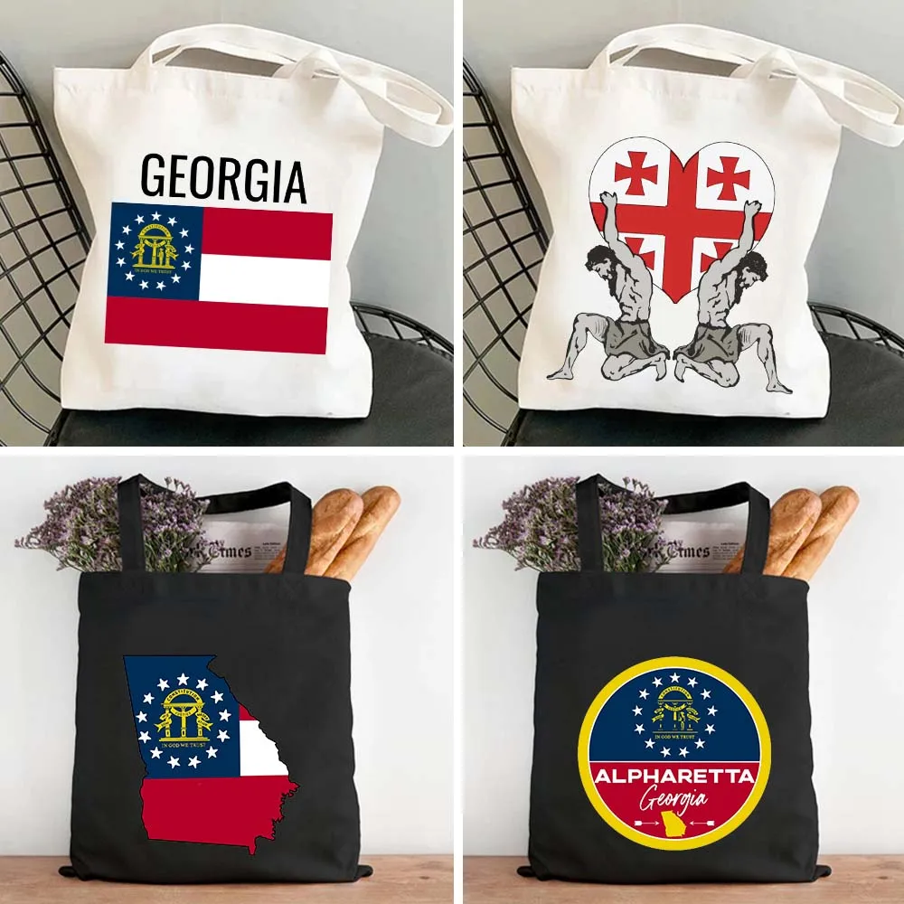 Vintage Love Heart Georgia State Flag Peta Letter Print Wanita Kanvas Pembelanja Katun Tas Tote Tas Tangan Bahu Belanja