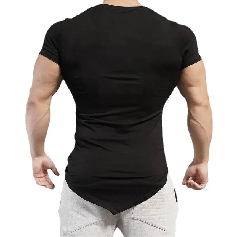 T-shirt de manga curta para homens, feita de algodão, respirável, com decote em v oblíquo, slim fit, fitness, ginásio, musculação, bainha irregular