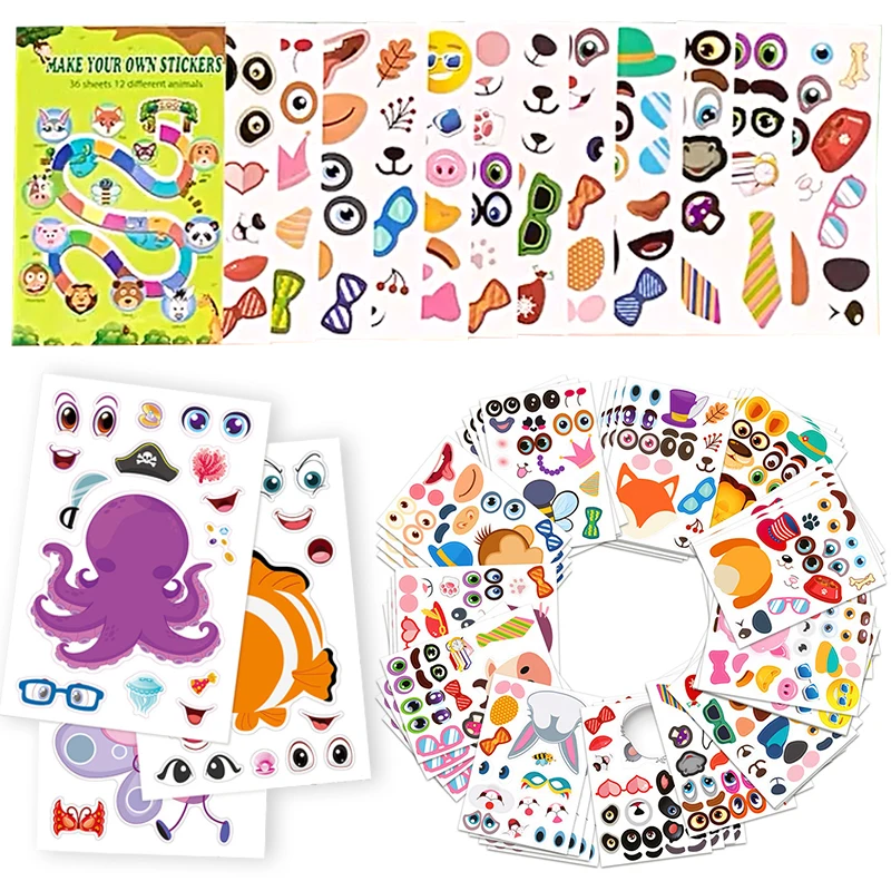 

36Sheets 3 Styles Set Mixed Make a Face DIY Sticker Safari Animal Mermaid Decoration Kid Enlightenment Game Gift Cartoon Pet ZYF