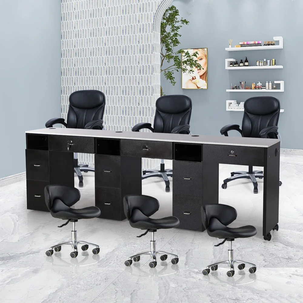 

Modern Luxury Beauty Salon Furniture Quartz Top High Gross Spa Nail Triple Station Black Manicure Table with Wheels