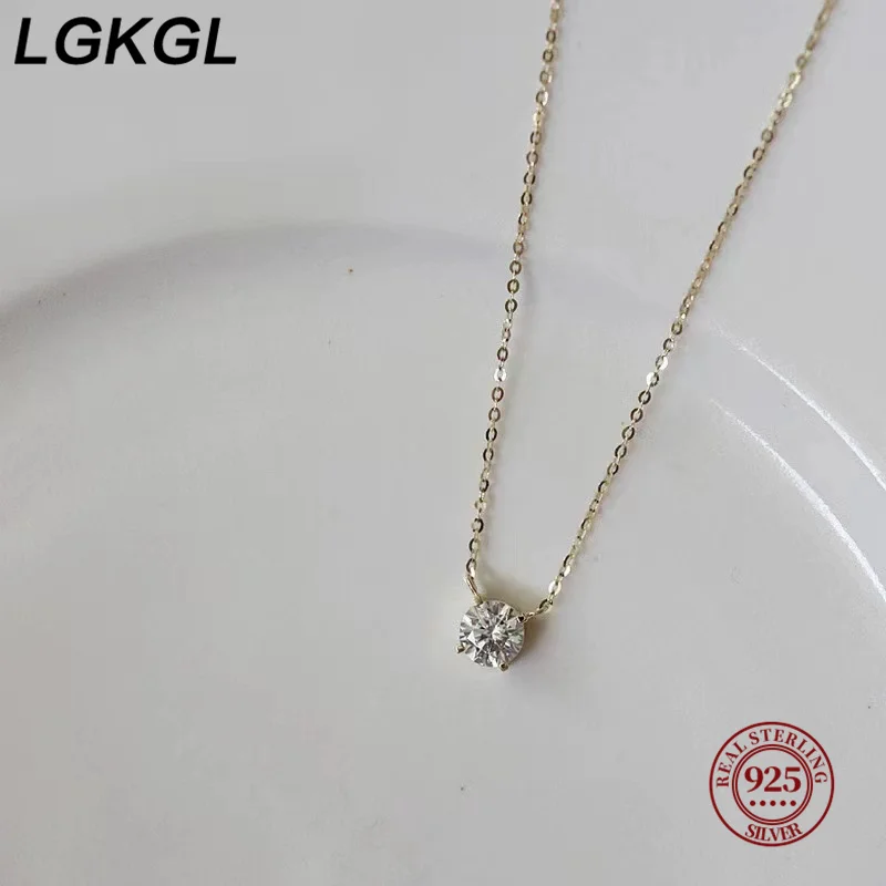 LGKGL-925 Sterling Silver 18K Banhado A Ouro Colares, Feminino Zircão Clavícula Cadeia, Versátil Único Espumante Colares, Coleiras De Casamento, 6mm