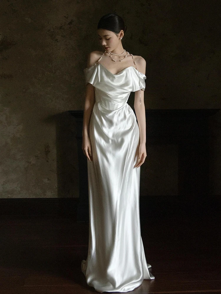 

Light Satin Wedding Dr Simple One-oulder Bridal Gown White Fi-Tail Tailoring Ceremony Outfit Ele Zipper Mid-Waist ...