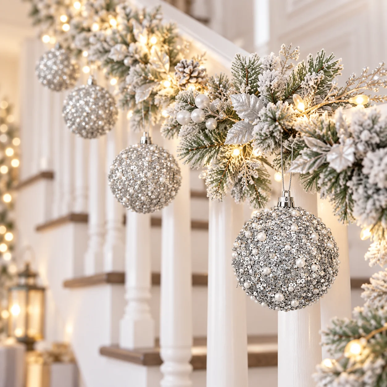 Luxury Silver Sequin & Pearl Christmas Ball Ornaments – 6-Piece Set 3