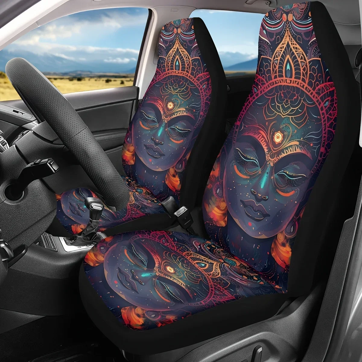 Funda asiento universal linterna para coche 2 plazas con impresión digital, respaldo alto y estilo fino, elemento cabeza Buda