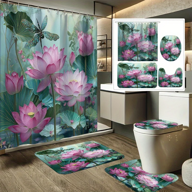 

4pcs for Lotus Pond Dragonfly Dance Printed Shower Curtain Set, Bathroom Decor Kit Includes Shower Curtain, Non-Slip Mat, Toil
