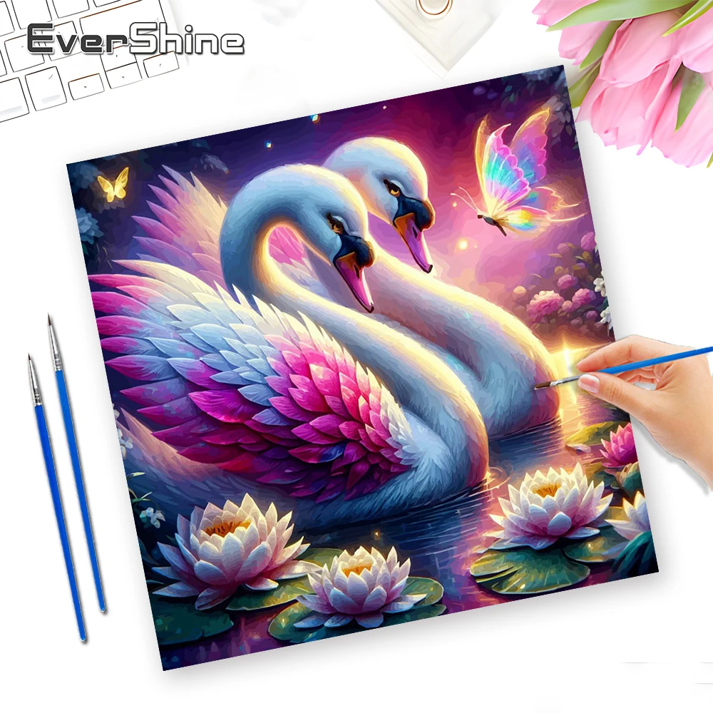 Evershine Malen nach Zahlen Set Schwan Malset für Erwachsene Ölgemälde Tier Buntes Lotus Leinwand Heimdekoration