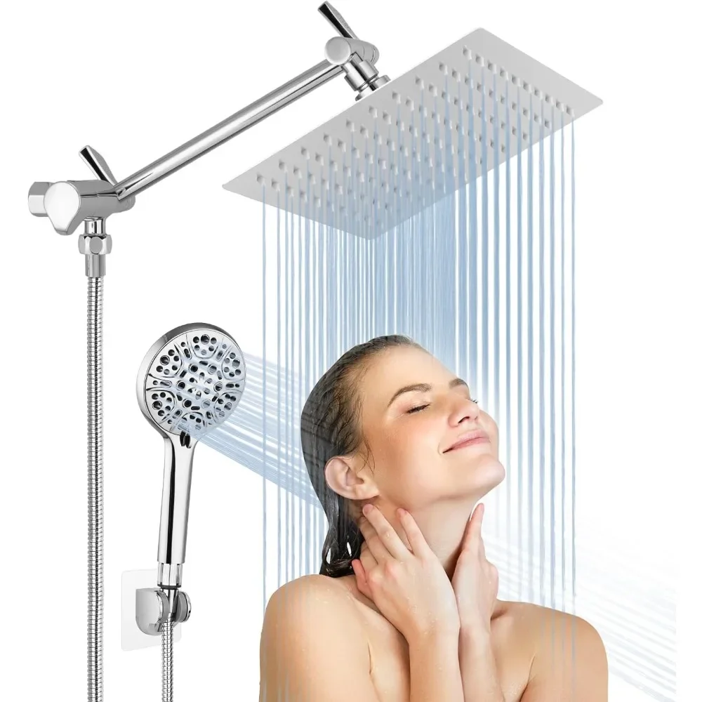 Rain Shower Head with Handheld, Lanhado 8High Pressure Rainfall 9 Settings Shower Head with 11''Extension Arm,Holder&Hose,Chrome