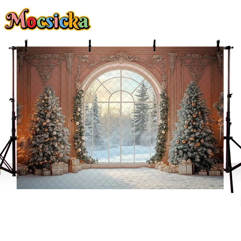 Mocsicka พื้นหลังสำหรับถ่ายภาพในช่วงฤดูหนาวของตกแต่งต้นคริสต์มาสย้อนยุคของขวัญสำหรับเด็กรูปครอบครัวฉากหลังสตูดิโอถ่ายภาพ