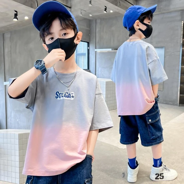 Boys Summer Cotton Fashion Gradient Short Sleeve T shirts 2023 New Youth Teenage 5 14 Years Boys Streetwear Outfits Tops Clothes AliExpress