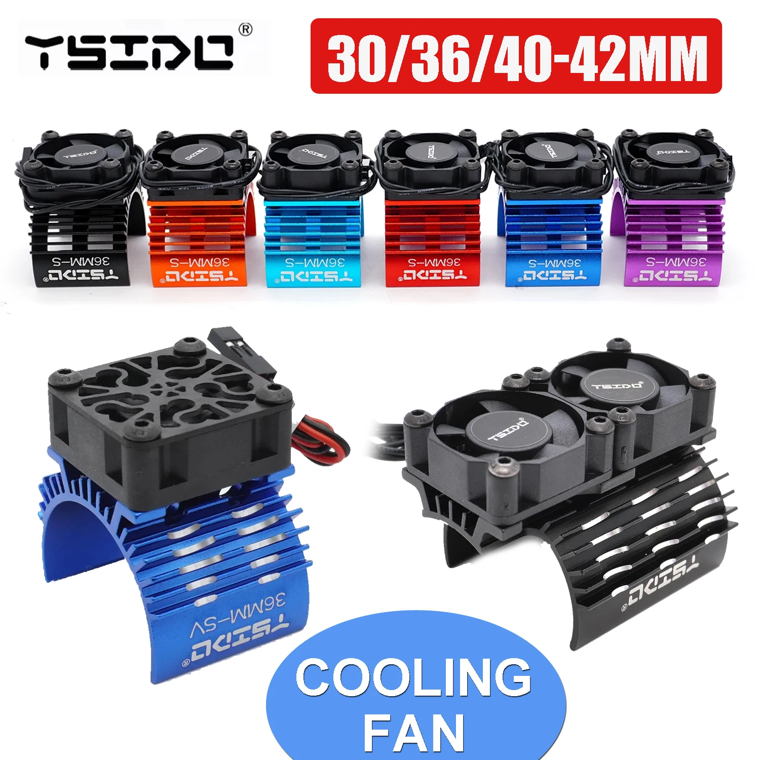 YSIDO 30/36/40-42mm RC Motor Cooling Fan with Heatsink for 1/7 1/8 1/10 1/12 Wltoys Traxxas Axial HPI HSP RC Car 540 3660 4068