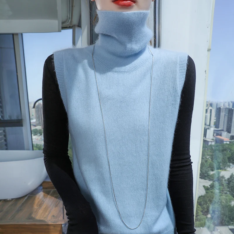 

Sleeveless Fashion Turtleneck100% Mink Cashmere Sweater For Winter Pullover Women Knitwear Basic Elegant Warm Clothing Tops