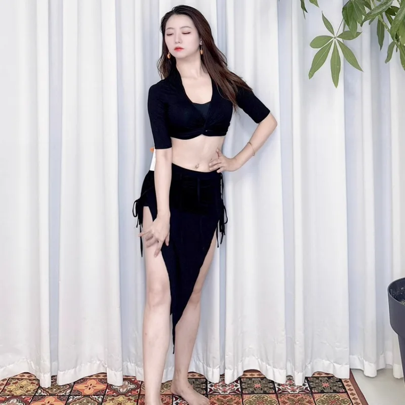 Customized Swegal Belly Dance Costumes Practice Outfit Inspired Modal Tie Top with Triangular Ribbon Skirt Short Set