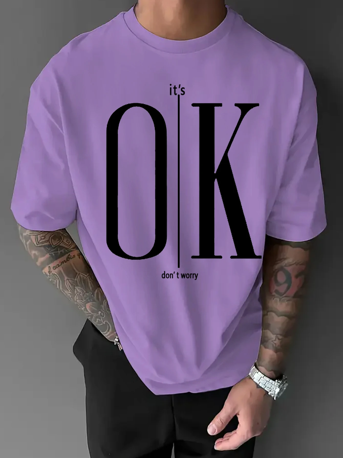 Men Oversized Crew Neck T‑Shirt, It's OK Don't Worry Letter Front Graphic Print Short Sleeve Casual Streetwear Tee