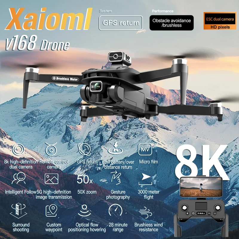 For XIAOMI V168 GPS Drone 8K Professional HD Dual Camera 5G Wifi 360° Obstacle Avoidance Brushless Foldable Quadcopter RC Toy