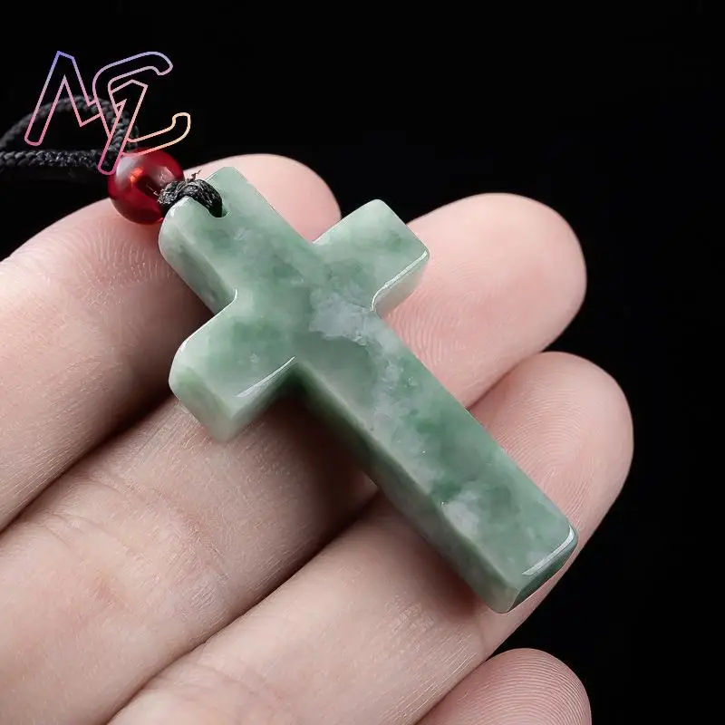 Myanmar Jadeite Cross Pendant Necklace Burmese Jade Stone Carved Amulet Fashion Accessories Charm Gifts for Women