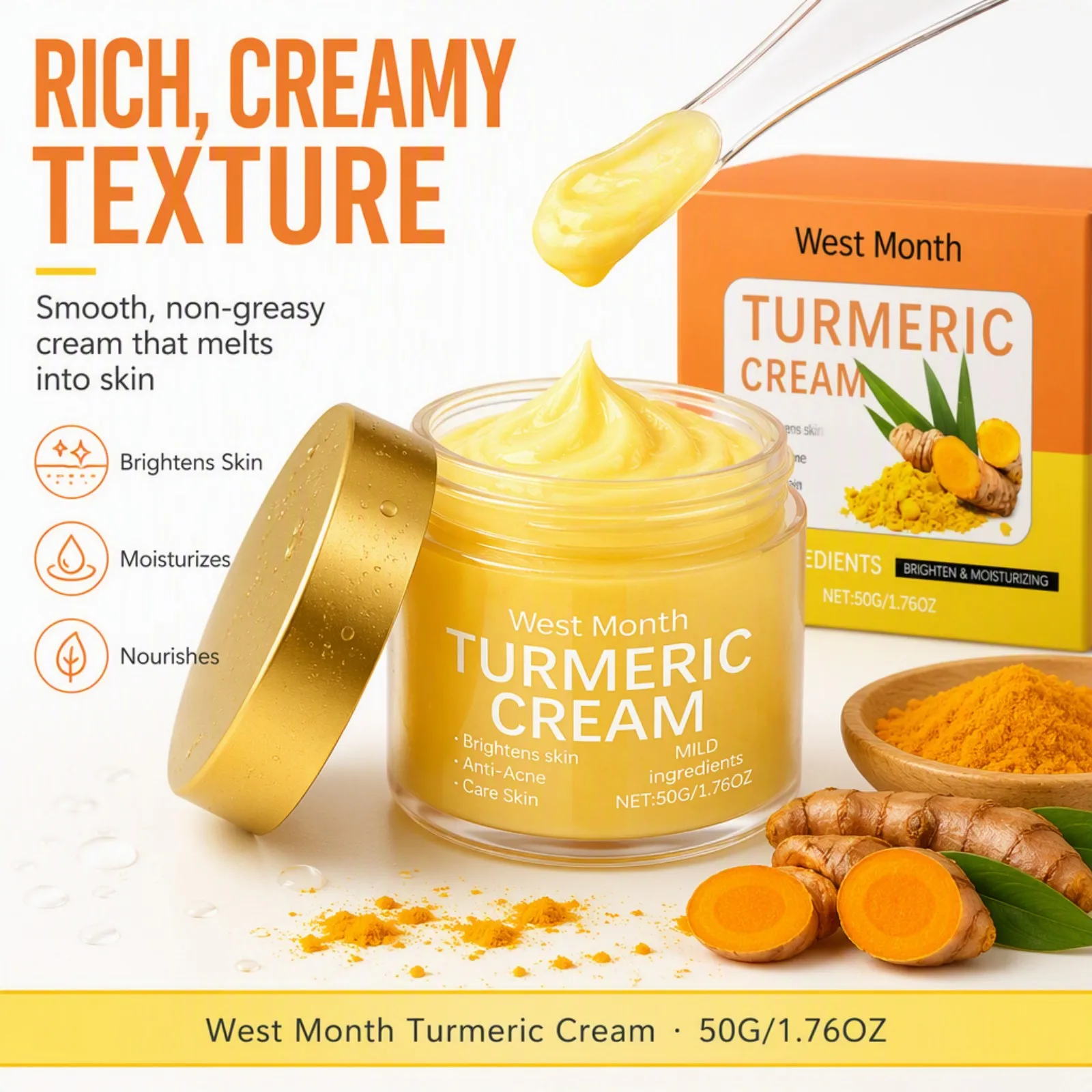Turmeric Moisturizing Face Cream Brighten Dull Skin Deep Hydrating Niacinamide Vitamin E Gentle Daily Skincare for All Types 50g