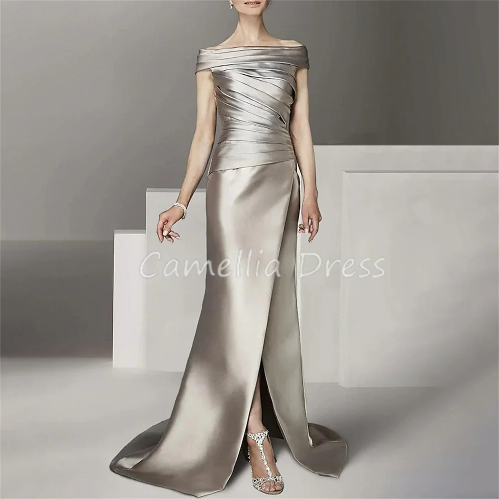 Elegant Scoop Neck Mother Of The Bride Dress A Line Off Shoulder Satin Ruching Formal Dresses Vestidos Mae Da Noiva Casamentos