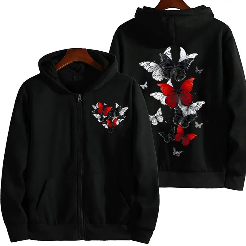 

Woman Zipper Hoodie Sweatshirts Black and Red Butterflies Graphic Clothes Flower Anime Aesthetic Zip Up Sportwear Clothes